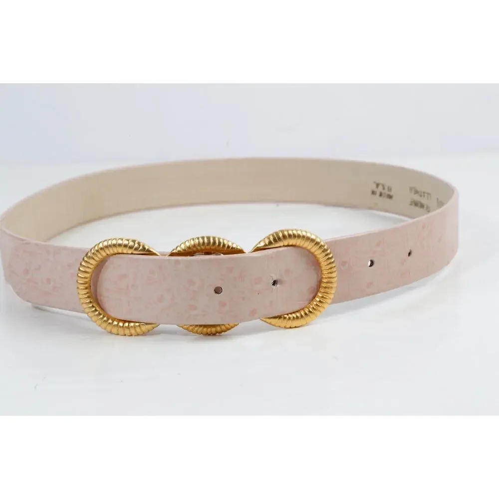 VTG Carlisle Blush Pink Ostrich Leather Belt Gold Ribbed Triple Ring Buckle M